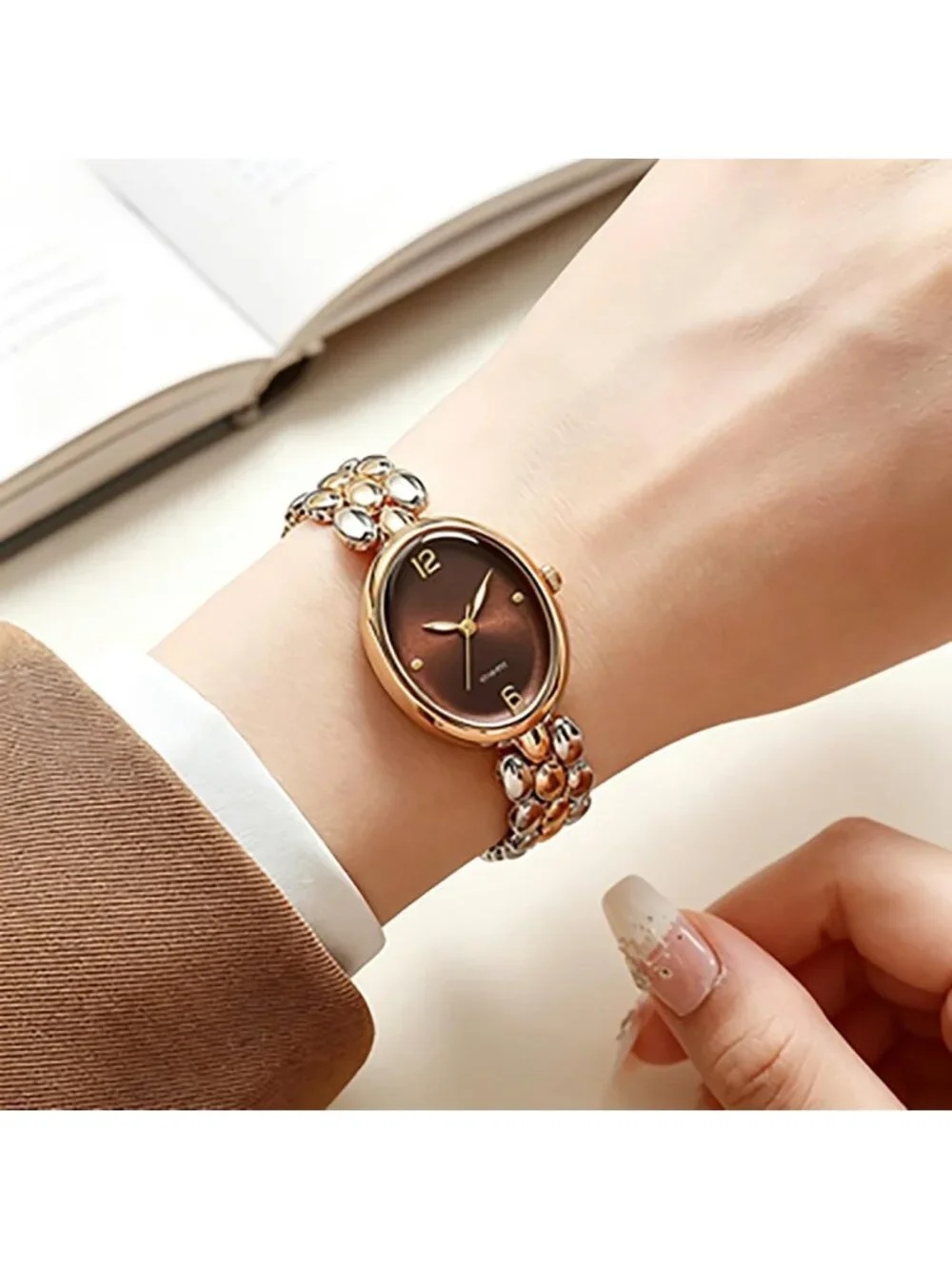 Women’s Two Color Brown Lightweight Oval Dial Quartz Analog Elegant Wrist Watch